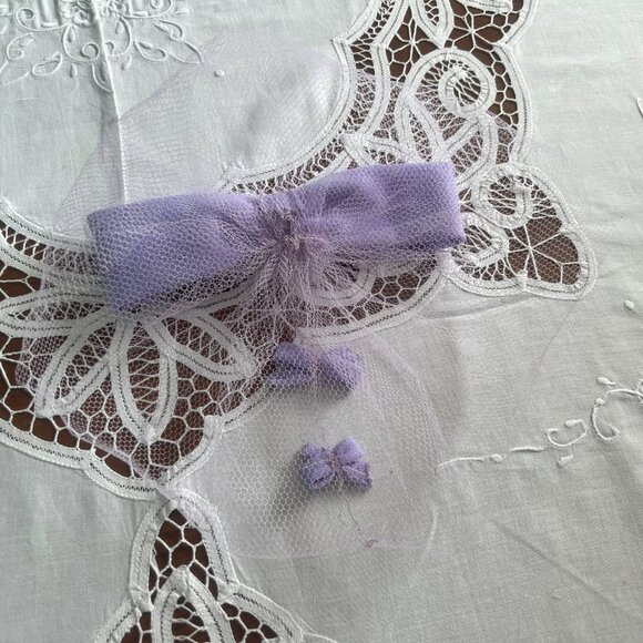 Vintage 60s Purple Fascinator Mesh Netting Hair Bows Pastel Mauve Hairnet Rockab - Picture 3 of 10